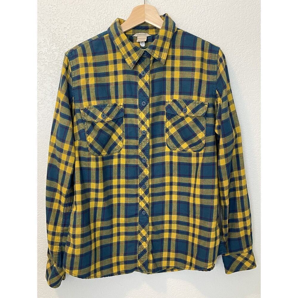 Duluth Trading Flannel Shirt Womens L Yellow Blue Plaid Free Swingin Button Up